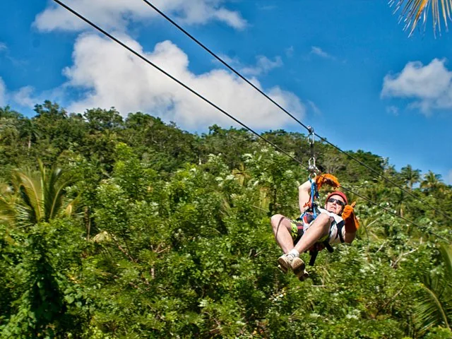Uomo che fa zipline attraverso una lussureggiante volta tropicale con cielo azzurro.